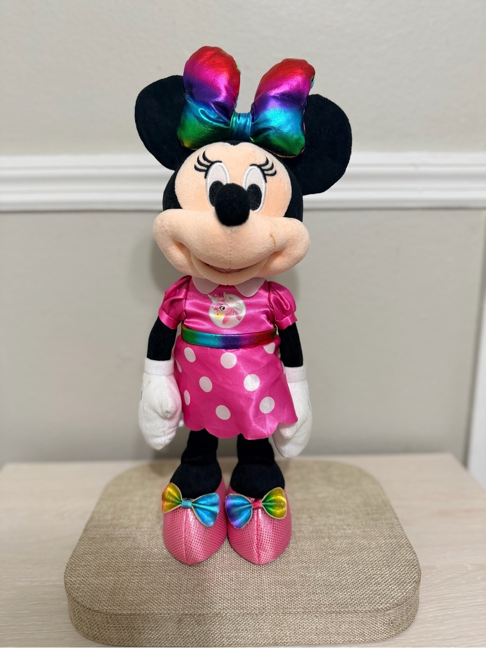 Disney Minnie Mouse Plush in Pink with Rainbow Bow and Shoe Accents